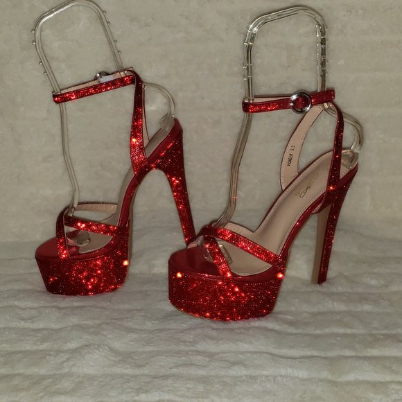Bejeweled Pandora Bright Red Sparkling Rhinestone Platform 6.5" Heels Shoes - Picture 9 of 17